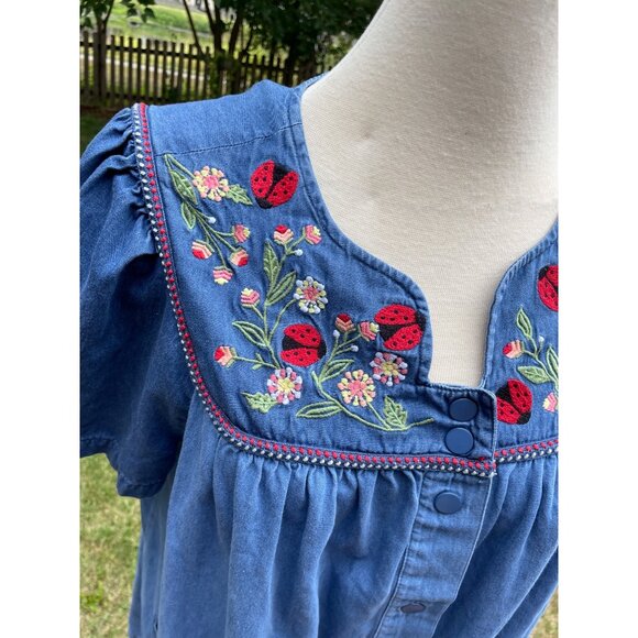 Vintage Denim Dress Cottagecore Embroidered Flowers Ladybugs Short Sleeves Butto - Picture 3 of 9